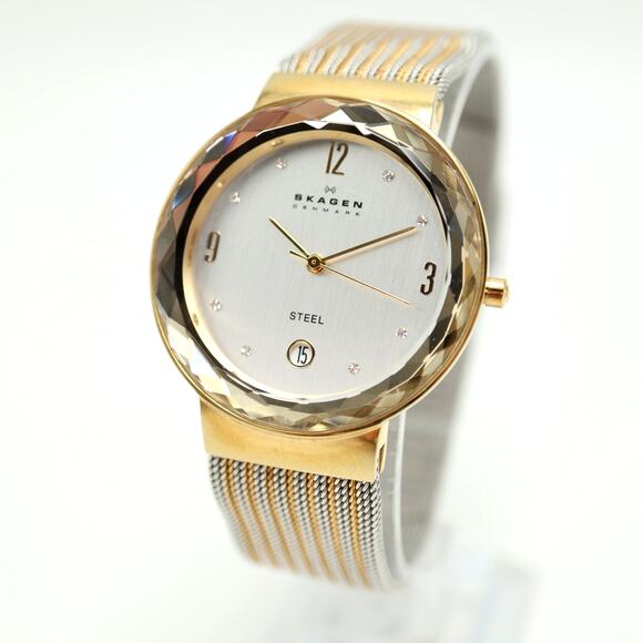 Skagen Slim Two Tone Date 35mm Unisex Watch Steel Mesh Facet Crystal New Battery - Picture 1 of 13